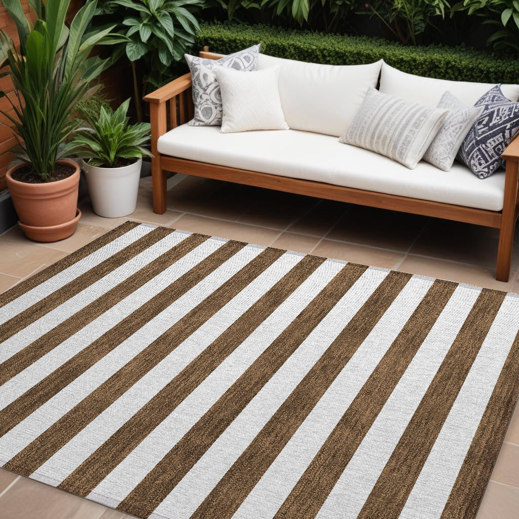 10' X 14' Chocolate Striped Washable Non Skid Indoor Outdoor Area Rug