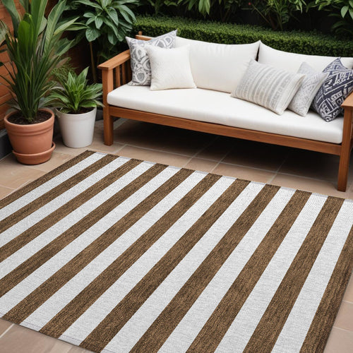 10' X 14' Chocolate Striped Washable Non Skid Indoor Outdoor Area Rug