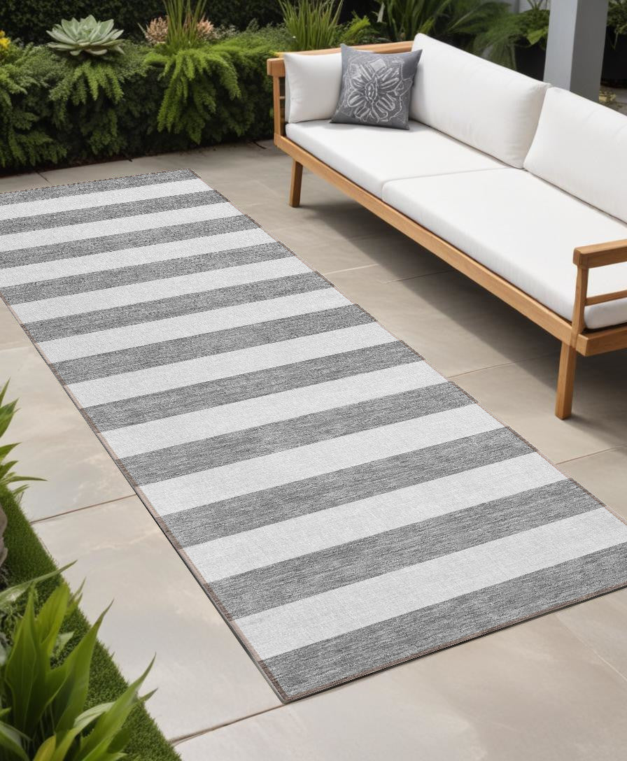 8' Runner Gray And White Striped Washable Non Skid Indoor Outdoor Runner Rug