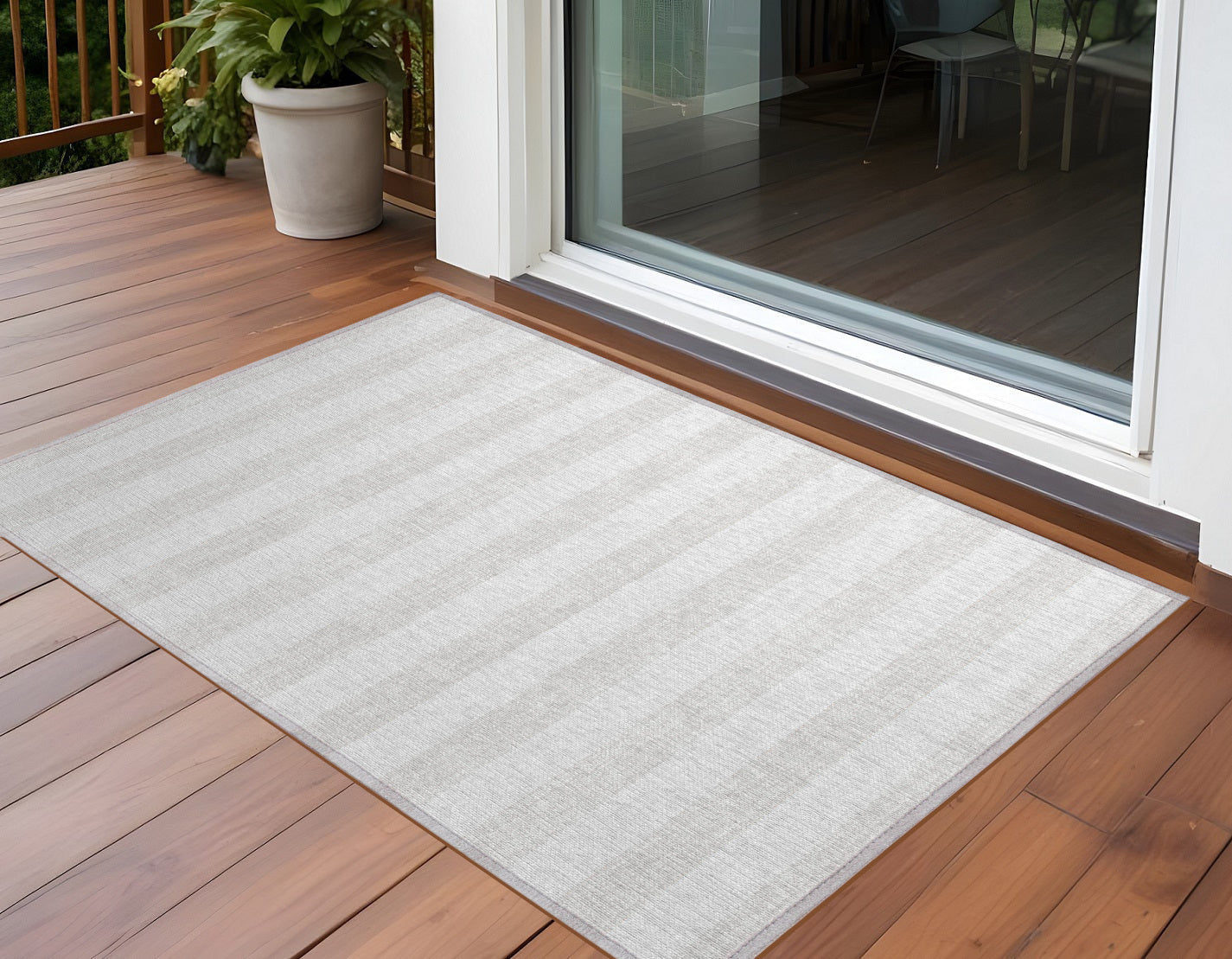 2' X 3' Ivory Striped Washable Non Skid Indoor Outdoor Area Rug