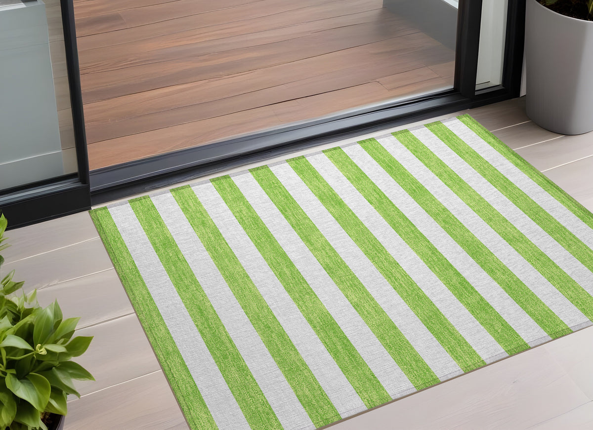 3' X 5' Green And White Striped Washable Non Skid Indoor Outdoor Area Rug