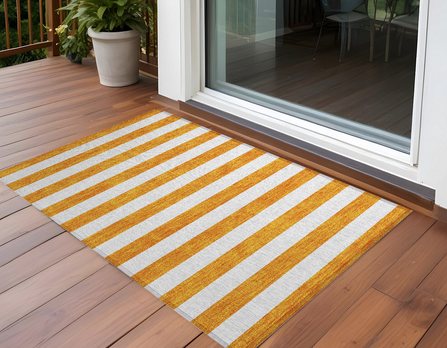 2' X 3' Orange And White Striped Washable Non Skid Indoor Outdoor Area Rug