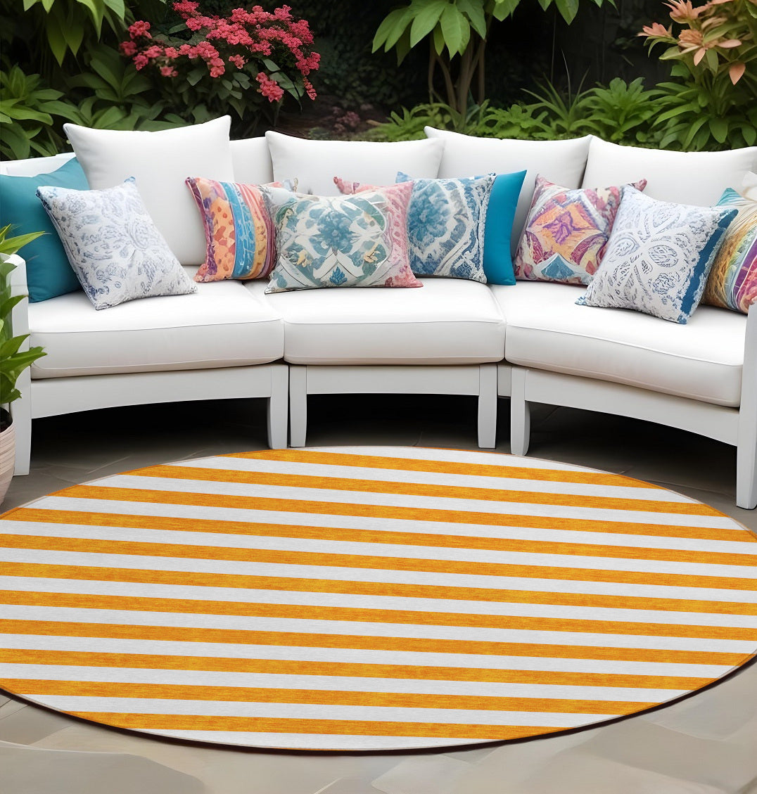 8' Round Orange And White Round Striped Washable Non Skid Indoor Outdoor Area Rug