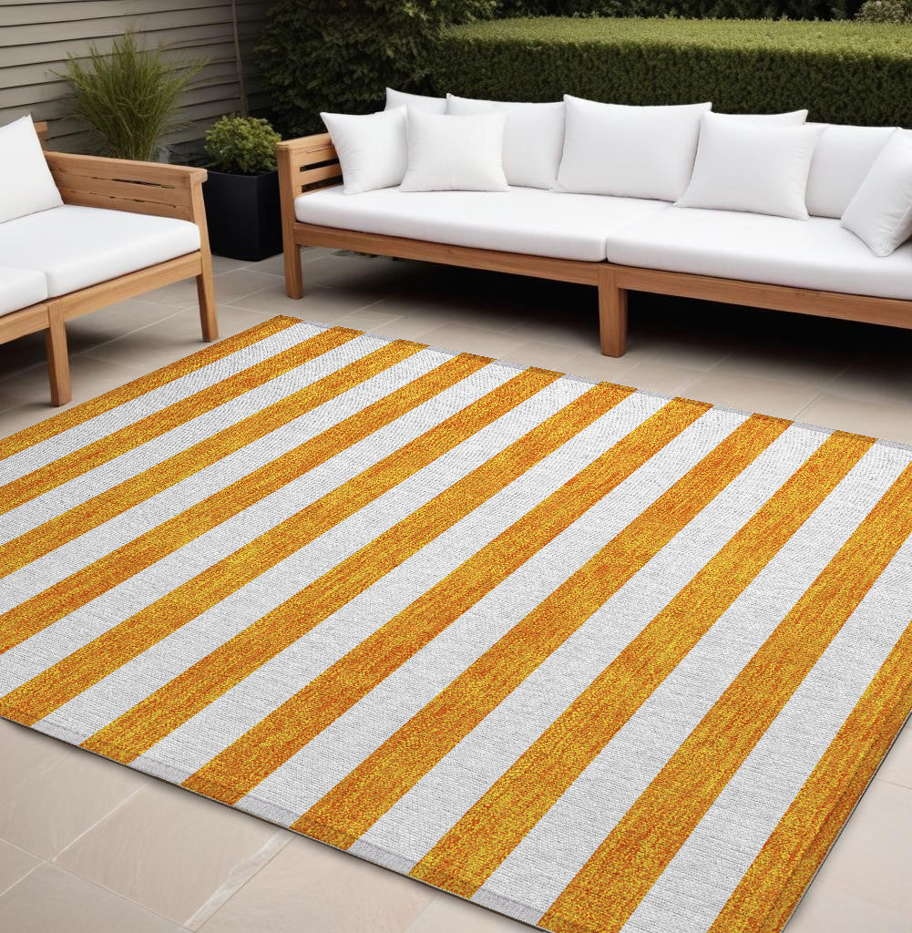 10' X 14' Orange And White Striped Washable Non Skid Indoor Outdoor Area Rug