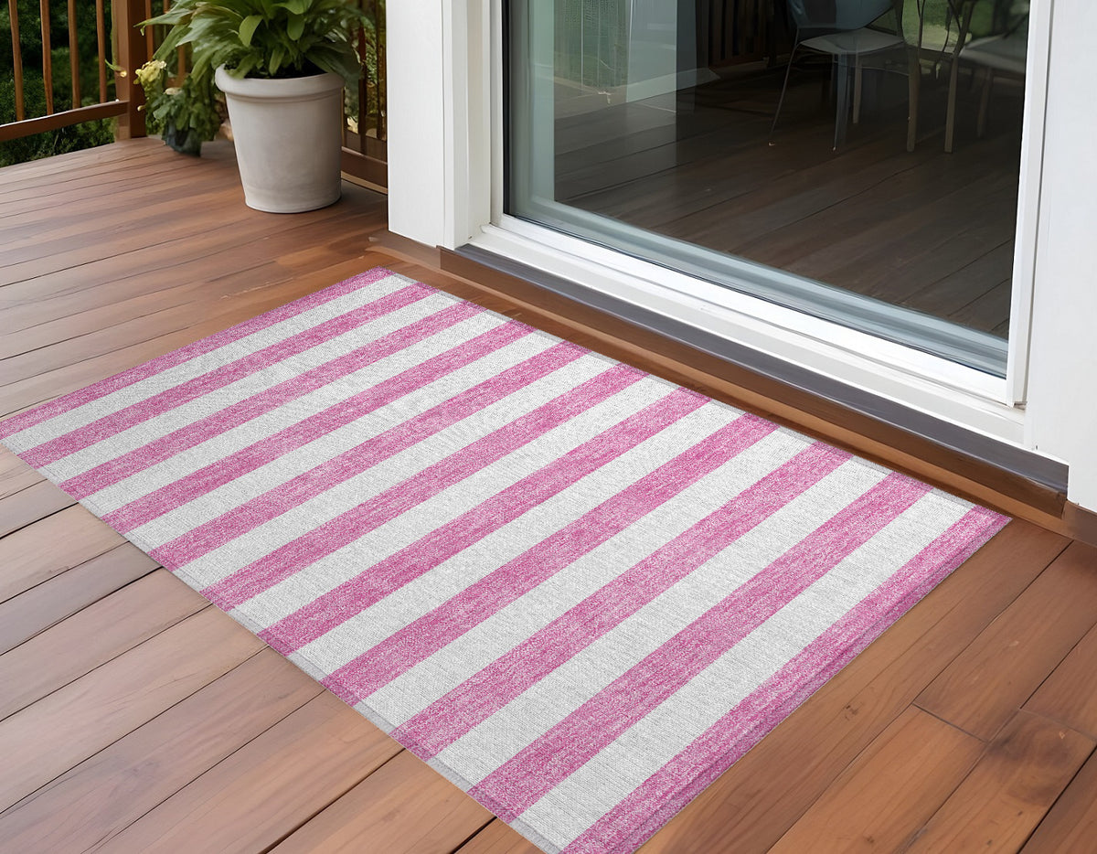 3' X 5' Pink And White Striped Washable Non Skid Indoor Outdoor Area Rug