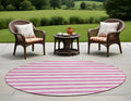 8' Round Pink And White Round Striped Washable Non Skid Indoor Outdoor Area Rug