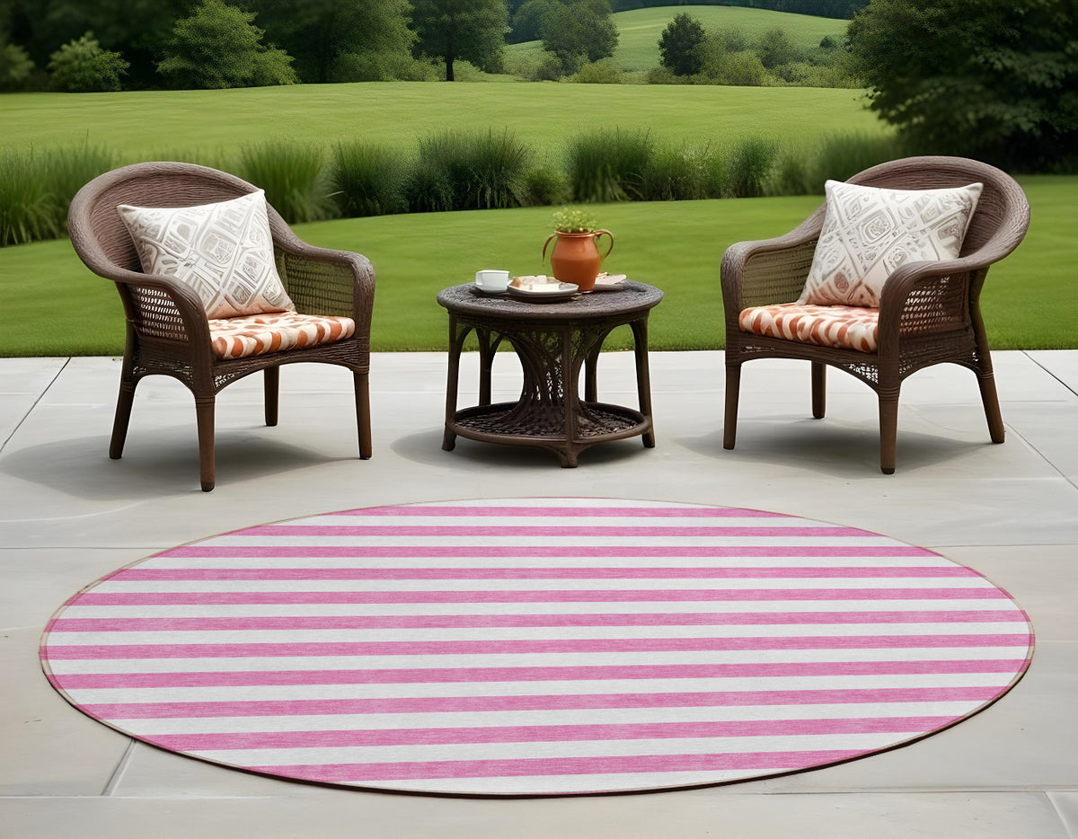 8' Round Pink And White Round Striped Washable Non Skid Indoor Outdoor Area Rug