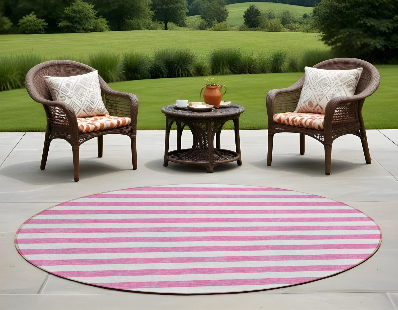 8' Round Pink And White Round Striped Washable Non Skid Indoor Outdoor Area Rug