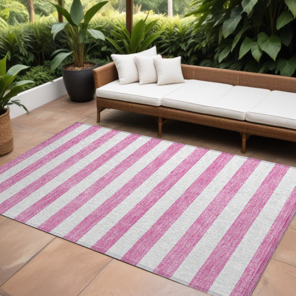 9' X 12' Pink And White Striped Washable Non Skid Indoor Outdoor Area Rug