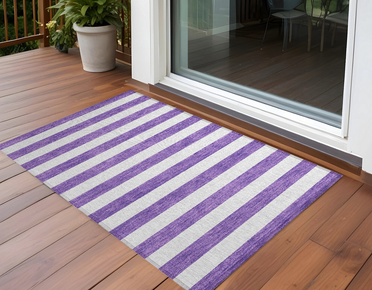 3' X 5' Purple And White Striped Washable Non Skid Indoor Outdoor Area Rug