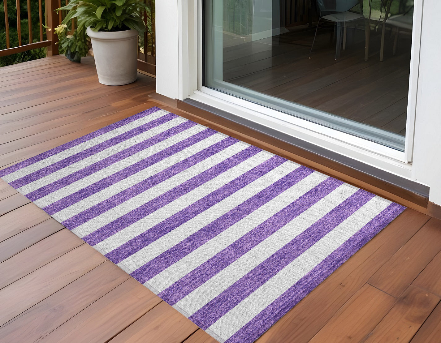 3' X 5' Purple And White Striped Washable Non Skid Indoor Outdoor Area Rug
