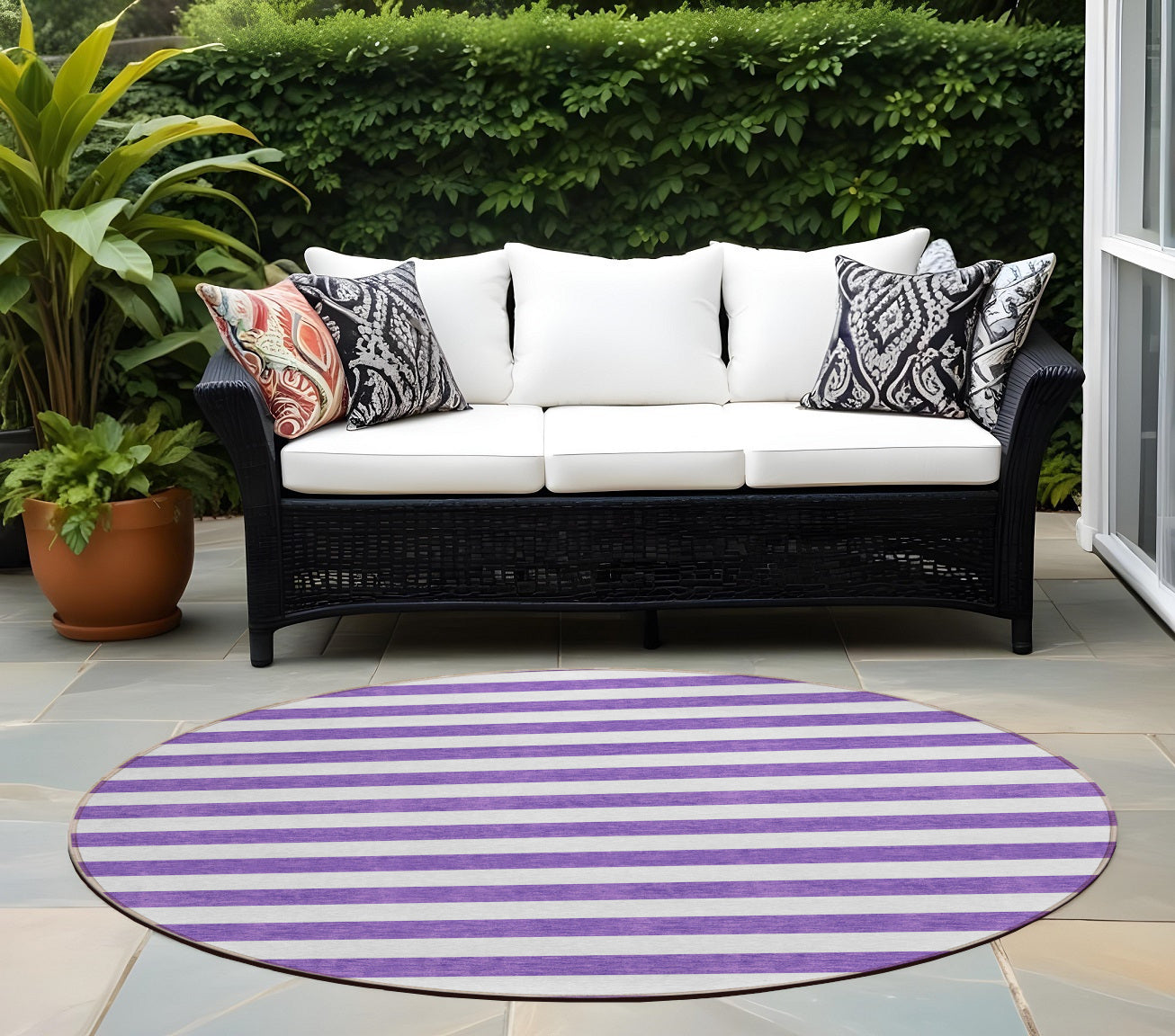 8' Round Purple And White Round Striped Washable Non Skid Indoor Outdoor Area Rug