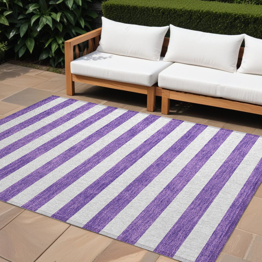 9' X 12' Purple And White Striped Washable Non Skid Indoor Outdoor Area Rug