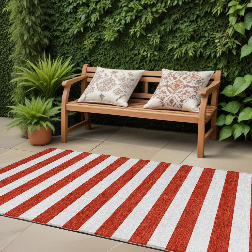 8' Runner Red And White Striped Washable Non Skid Indoor Outdoor Runner Rug