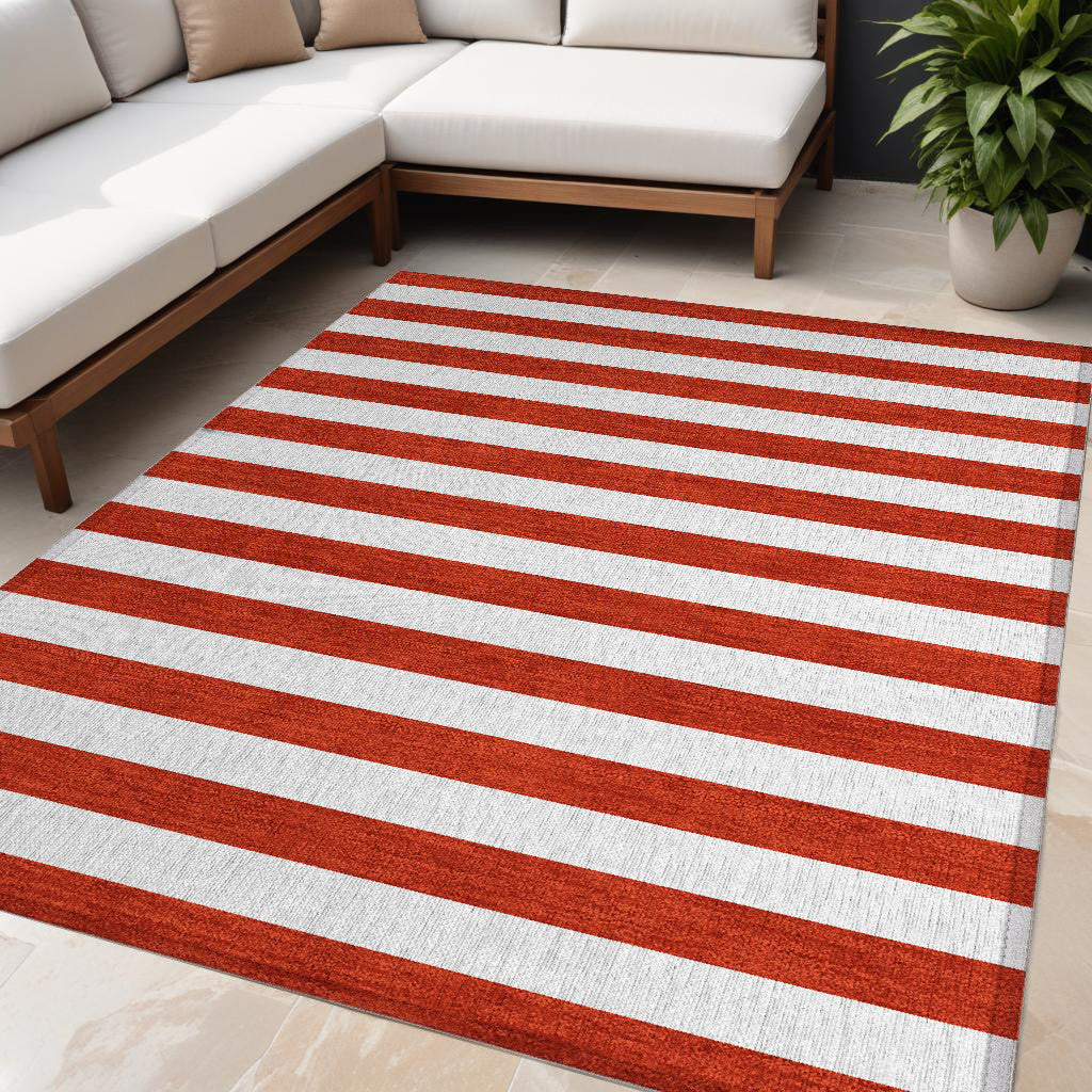 5' X 8' Red And White Striped Washable Non Skid Indoor Outdoor Area Rug