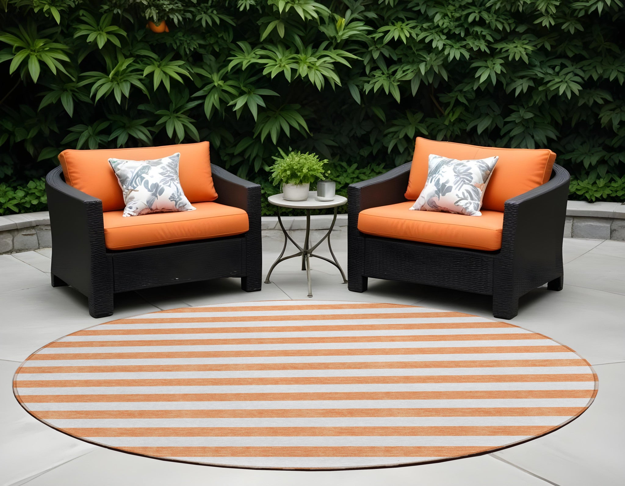 8' Round Salmon Round Striped Washable Non Skid Indoor Outdoor Area Rug