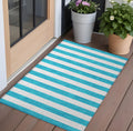 3' X 5' Teal Striped Washable Non Skid Indoor Outdoor Area Rug