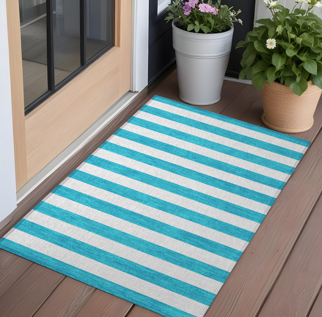 3' X 5' Teal Striped Washable Non Skid Indoor Outdoor Area Rug