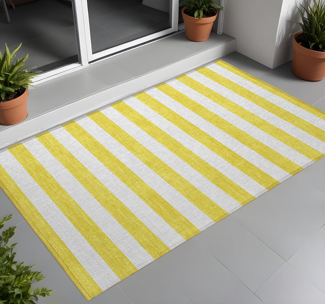 3' X 5' Yellow And White Striped Washable Non Skid Indoor Outdoor Area Rug