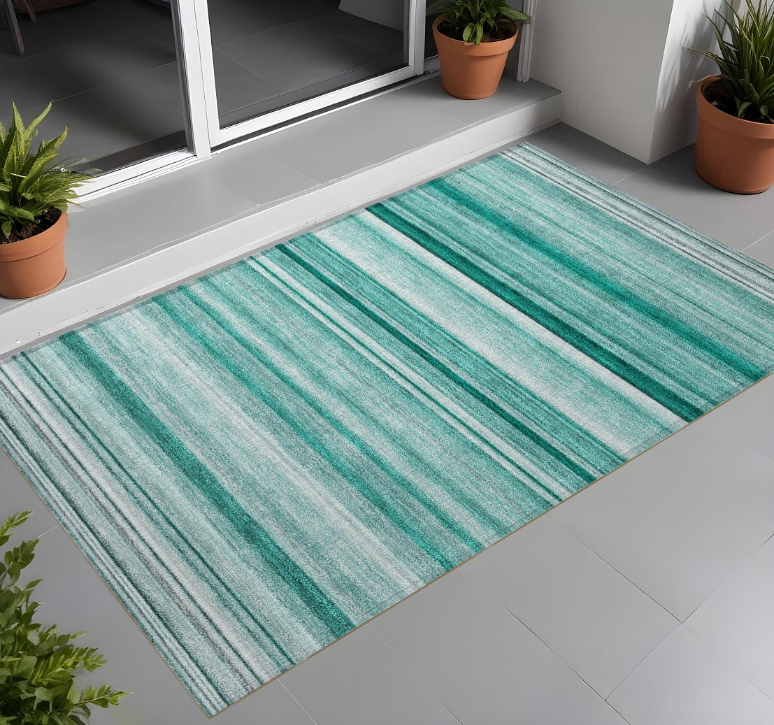 2' X 3' Aqua Striped Washable Non Skid Indoor Outdoor Area Rug