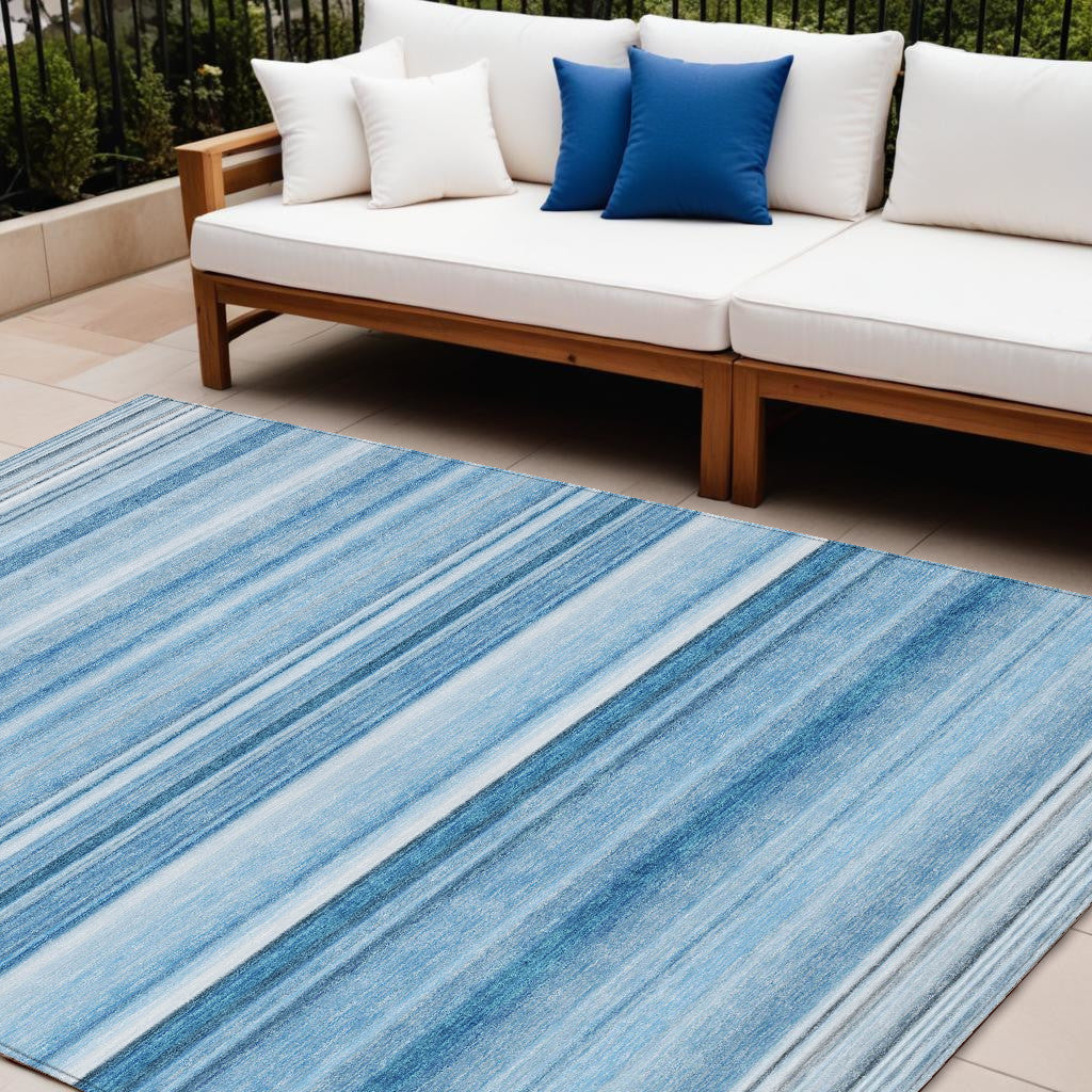 10' X 14' Blue Striped Washable Non Skid Indoor Outdoor Area Rug