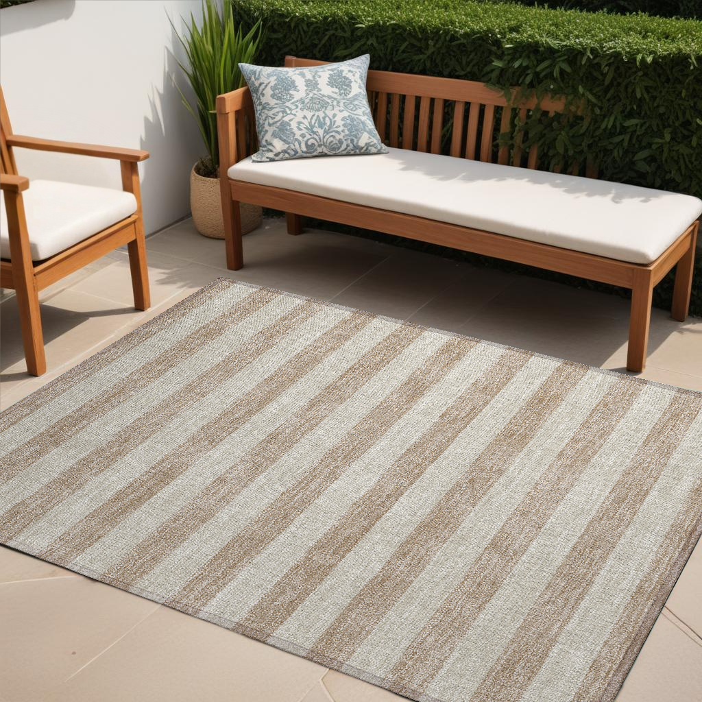 5' X 8' Beige Striped Washable Non Skid Indoor Outdoor Area Rug