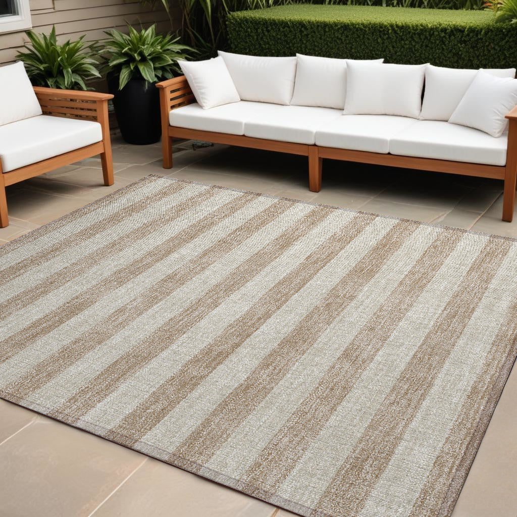 10' X 14' Beige Striped Washable Non Skid Indoor Outdoor Area Rug
