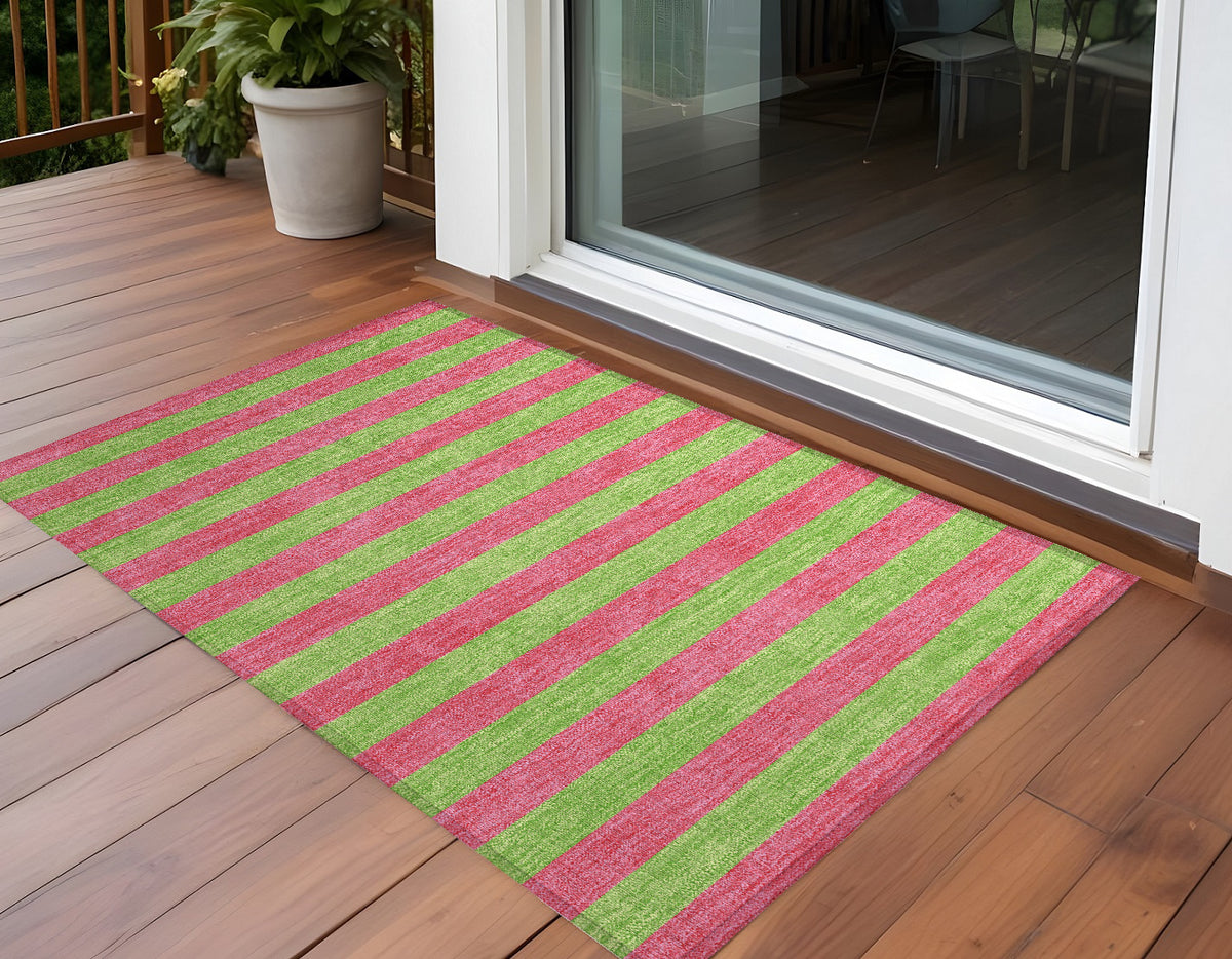 3' X 5' Green And Red Striped Washable Non Skid Indoor Outdoor Area Rug