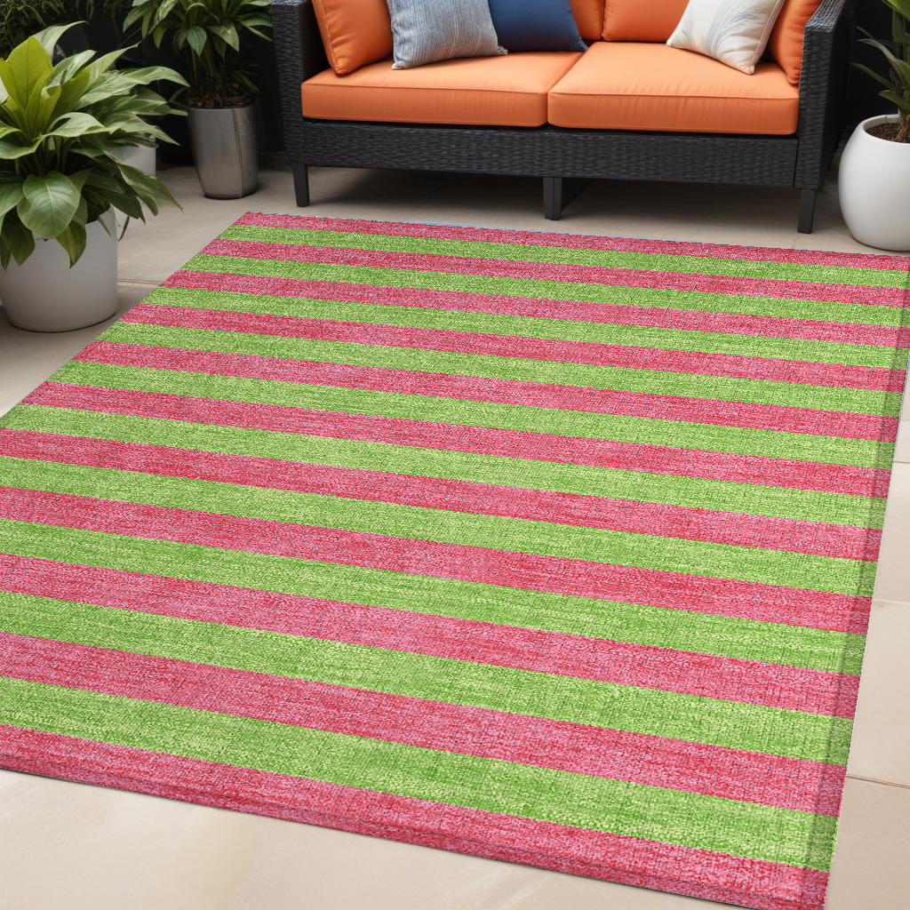 5' X 8' Green And Red Striped Washable Non Skid Indoor Outdoor Area Rug