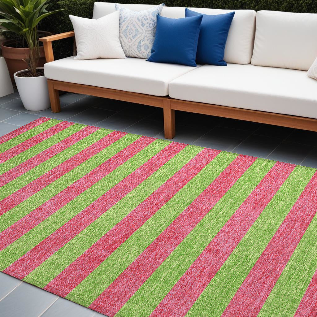 10' X 14' Green And Red Striped Washable Non Skid Indoor Outdoor Area Rug