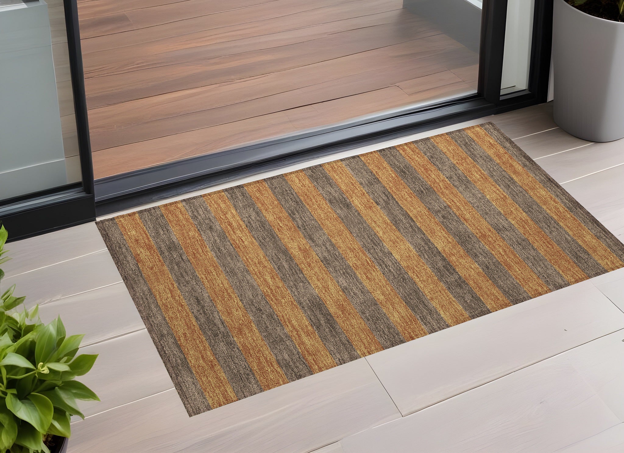 2' X 3' Brown And Tan Striped Washable Non Skid Indoor Outdoor Area Rug