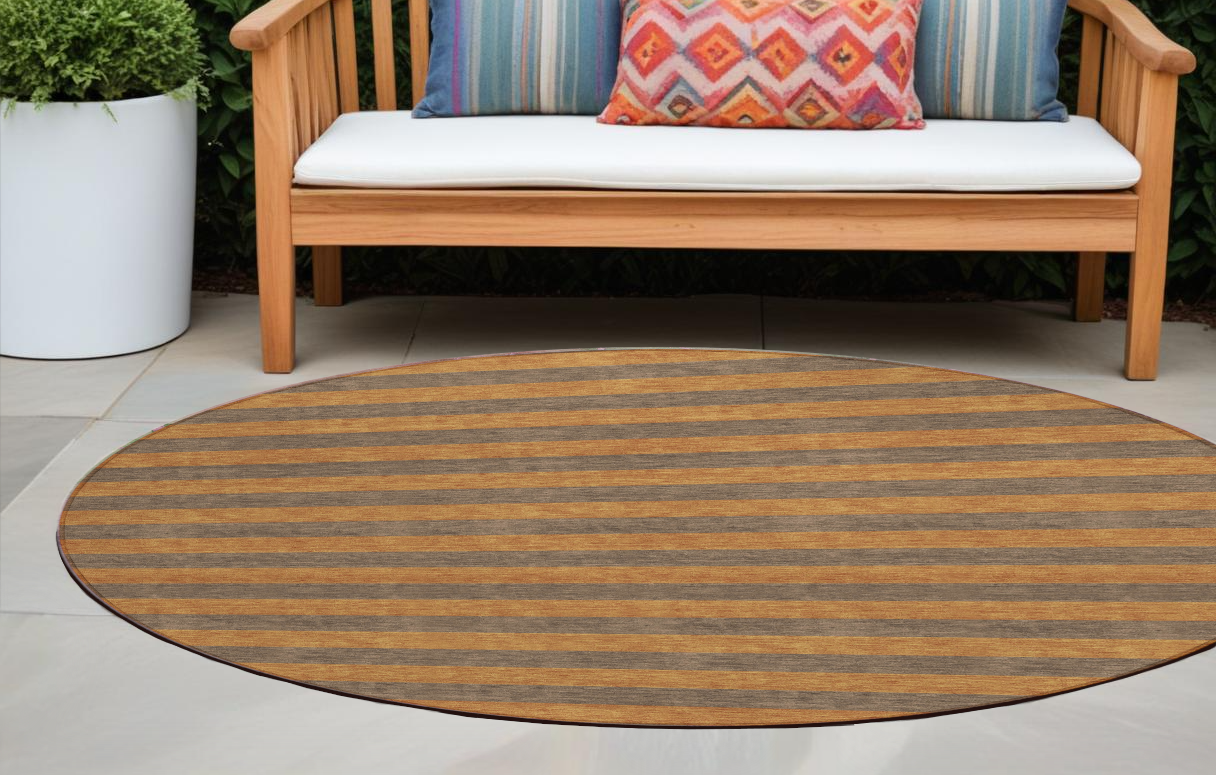 8' Round Brown And Tan Round Striped Washable Non Skid Indoor Outdoor Area Rug