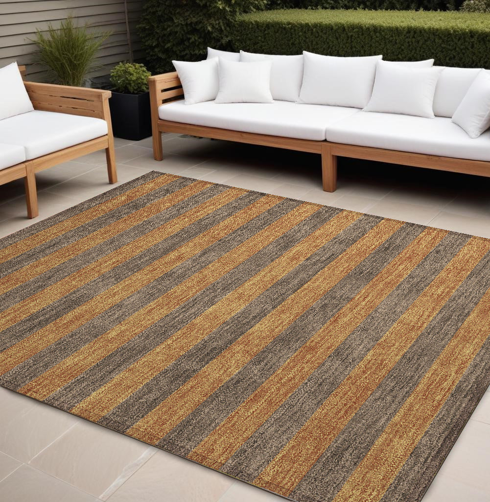 10' X 14' Brown And Tan Striped Washable Non Skid Indoor Outdoor Area Rug