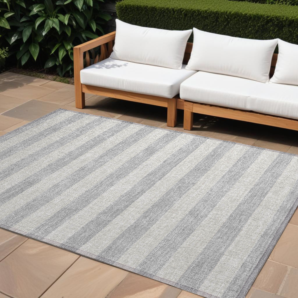 10' X 14' Gray And Ivory Striped Washable Non Skid Indoor Outdoor Area Rug