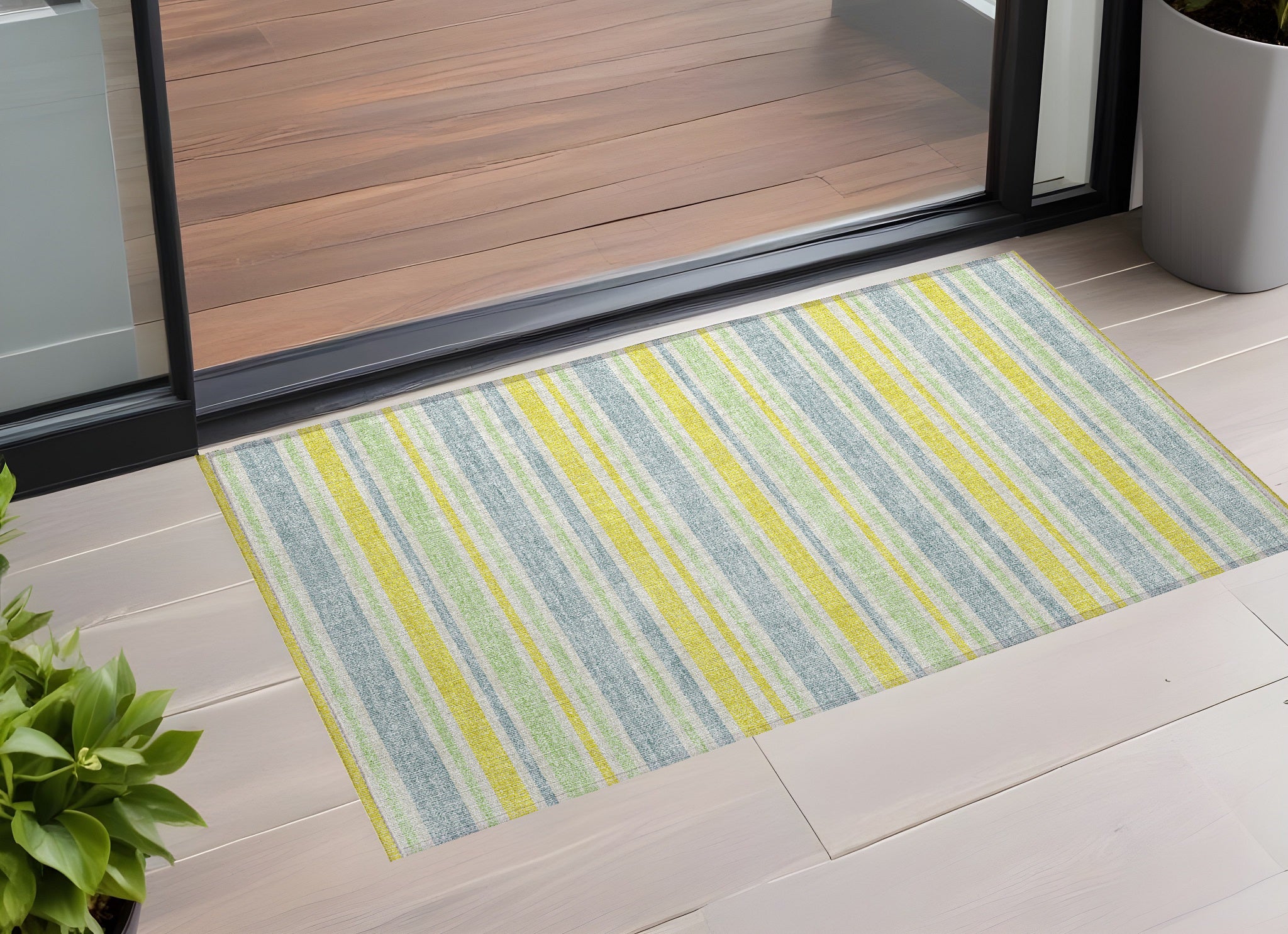 2' X 3' Blue And Yellow Striped Washable Non Skid Indoor Outdoor Area Rug