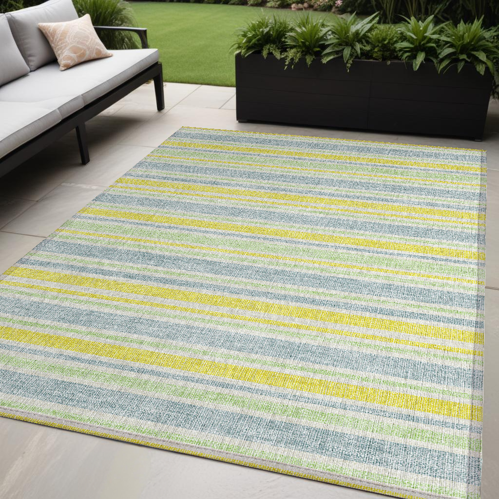 5' X 8' Blue And Yellow Striped Washable Non Skid Indoor Outdoor Area Rug