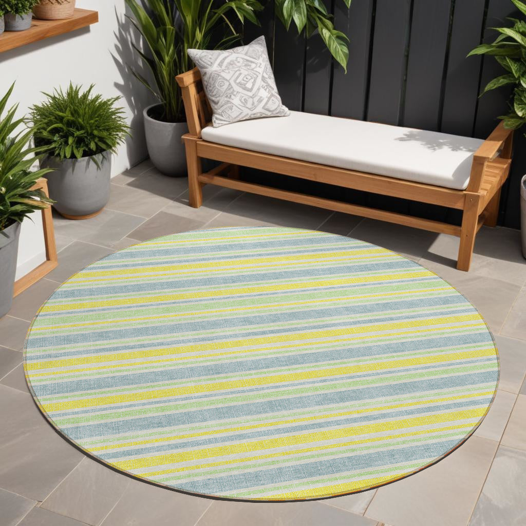 8' Round Blue And Yellow Round Striped Washable Non Skid Indoor Outdoor Area Rug
