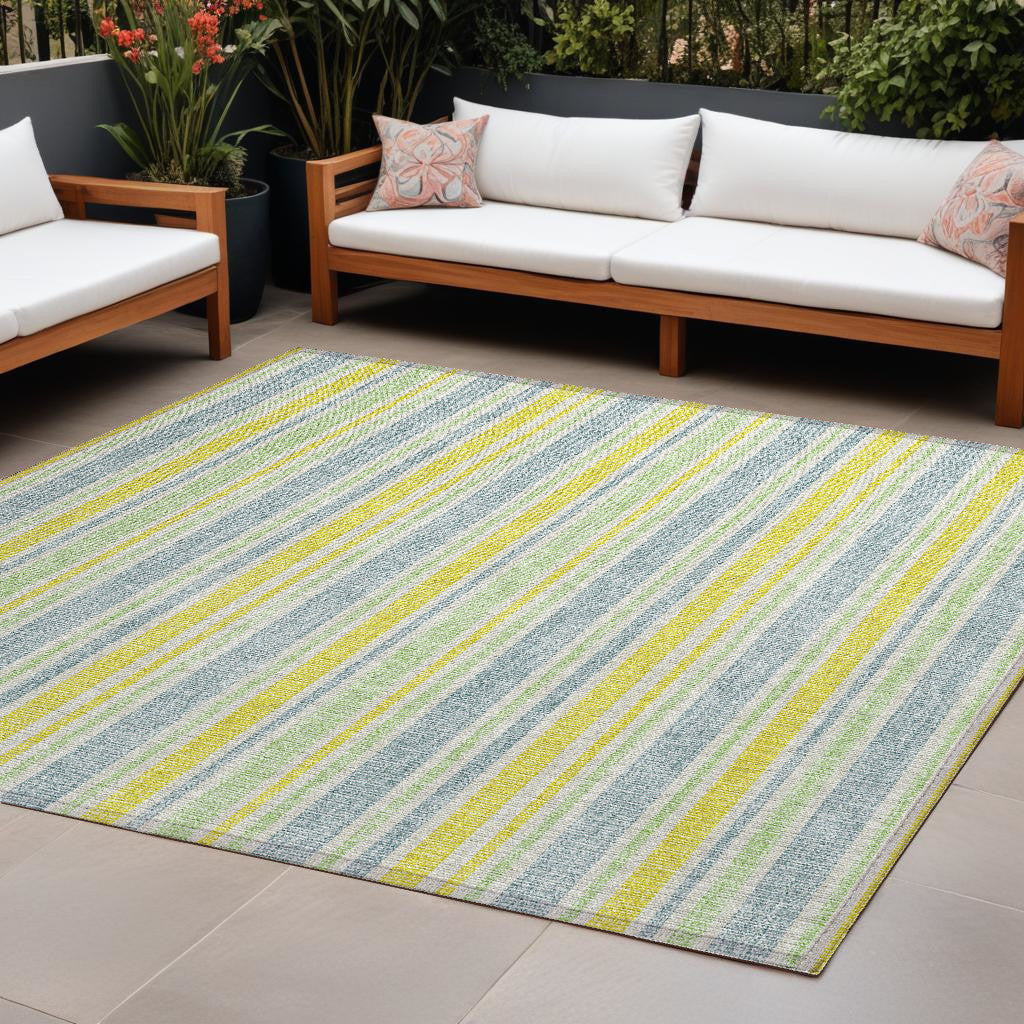 10' X 14' Blue And Yellow Striped Washable Non Skid Indoor Outdoor Area Rug