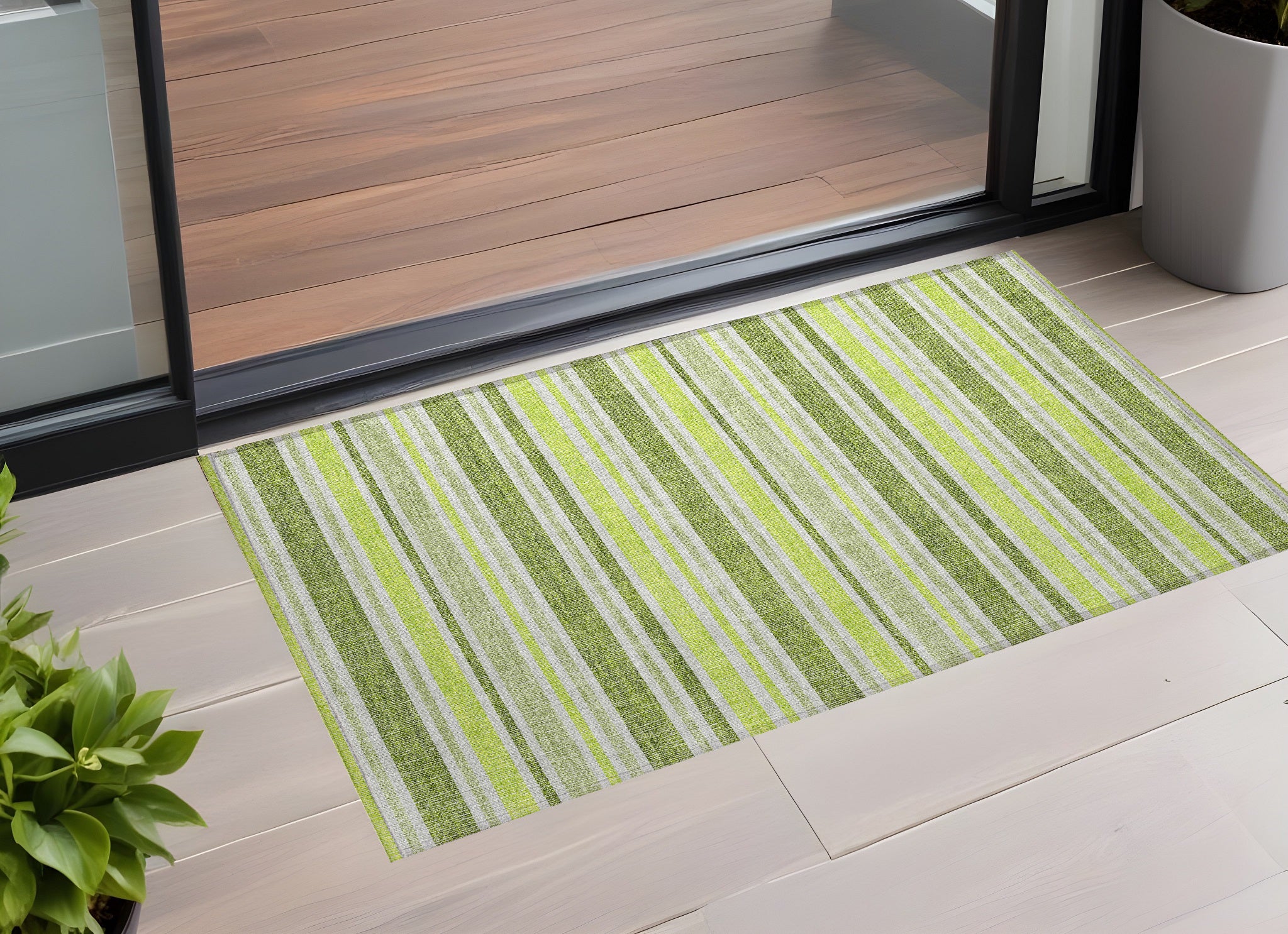 2' X 3' Green And Yellow Striped Washable Non Skid Indoor Outdoor Area Rug