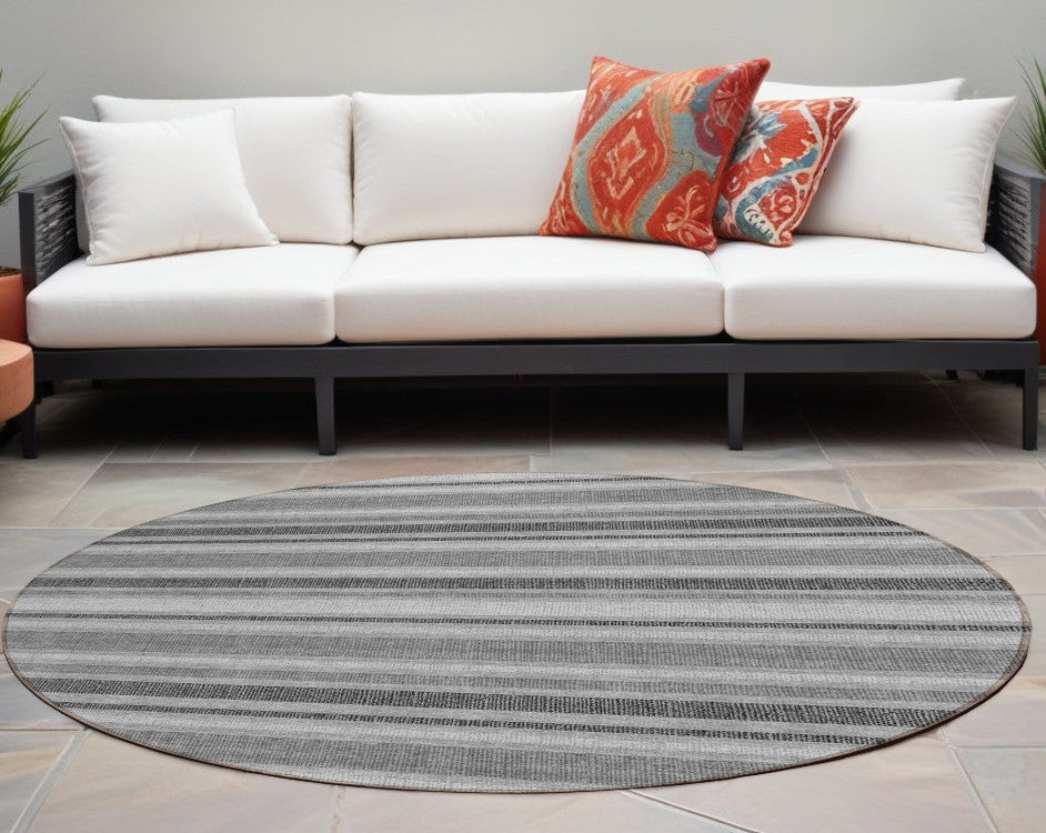 8' Round Gray And Black Round Striped Washable Non Skid Indoor Outdoor Area Rug