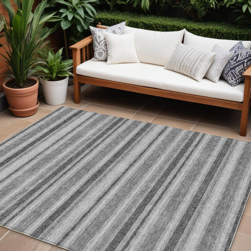 10' X 14' Gray And Black Striped Washable Non Skid Indoor Outdoor Area Rug