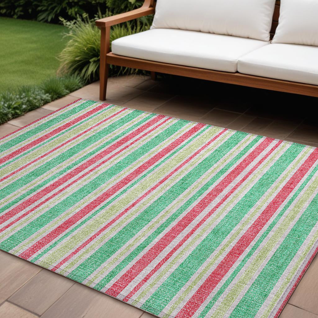 9' X 12' Green Striped Washable Non Skid Indoor Outdoor Area Rug
