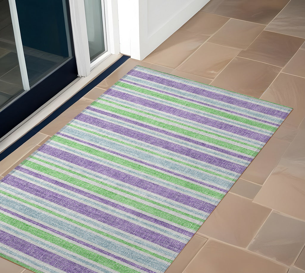 3' X 5' Lime Green Striped Washable Non Skid Indoor Outdoor Area Rug