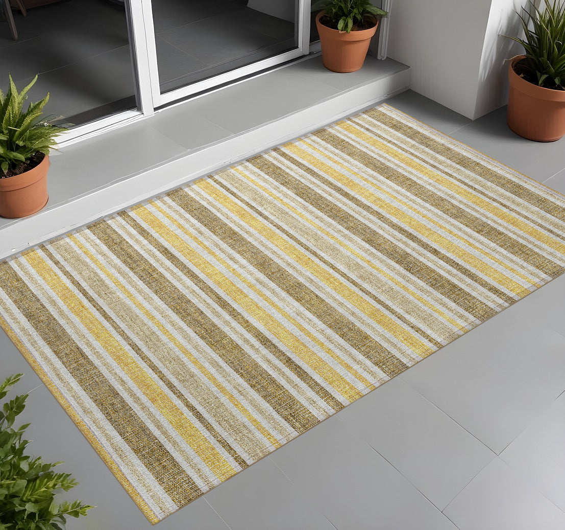 2' X 3' Brown And Orange Striped Washable Non Skid Indoor Outdoor Area Rug
