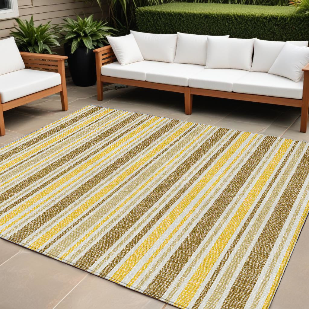 8' X 10' Brown And Orange Striped Washable Non Skid Indoor Outdoor Area Rug