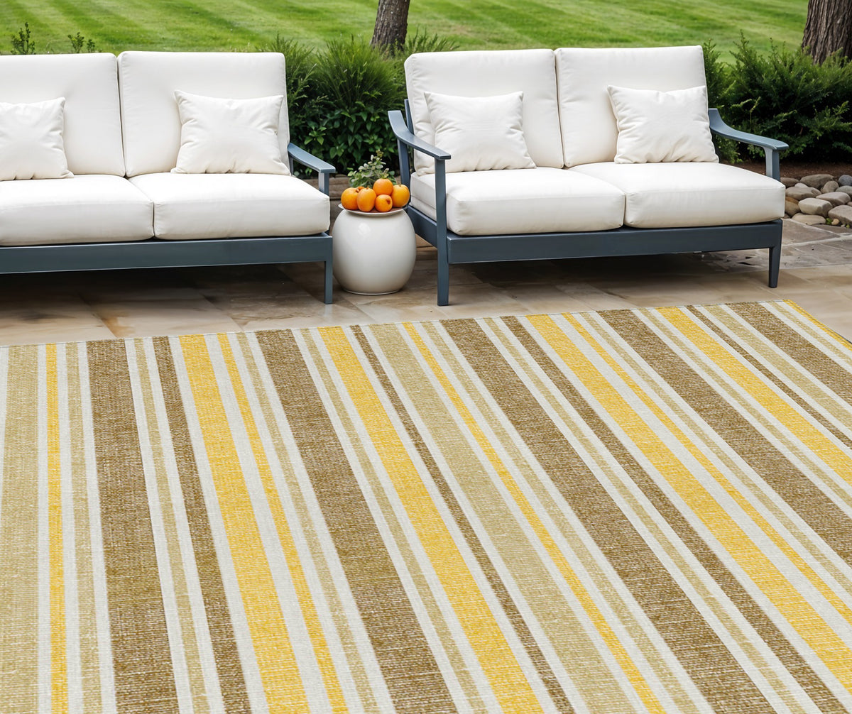 9' X 12' Brown And Orange Striped Washable Indoor Outdoor Area Rug