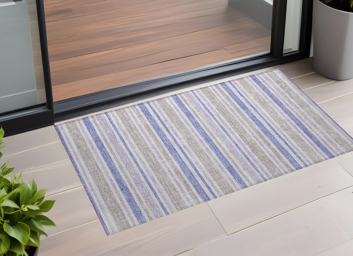 3' X 5' Ivory Blue And Gray Striped Washable Non Skid Indoor Outdoor Area Rug