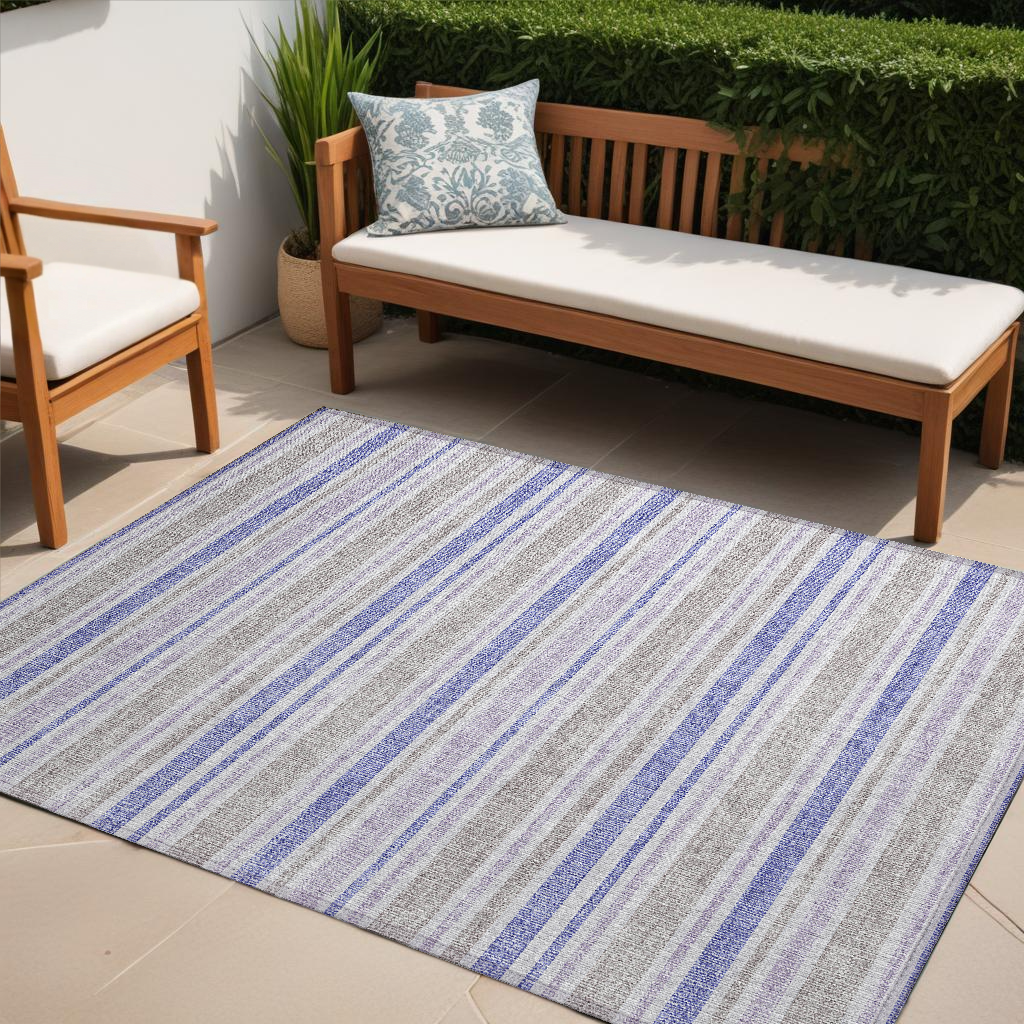 5' X 8' Ivory Blue And Gray Striped Washable Non Skid Indoor Outdoor Area Rug