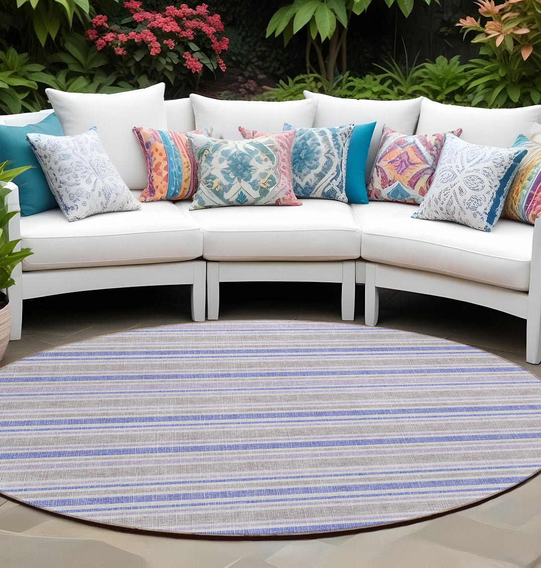 8' Round Ivory Blue And Gray Round Striped Washable Non Skid Indoor Outdoor Area Rug