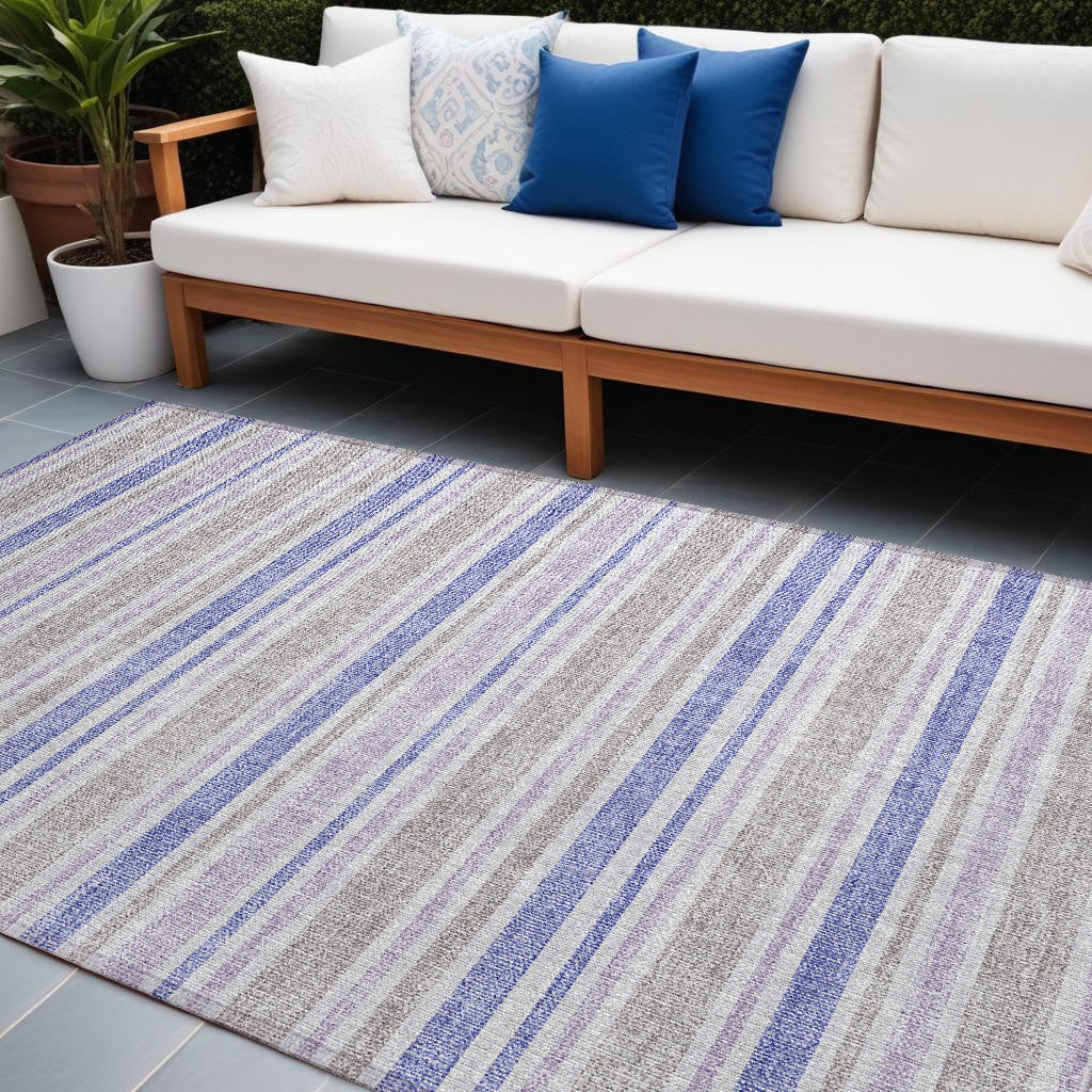 9' X 12' Ivory Blue And Gray Striped Washable Non Skid Indoor Outdoor Area Rug